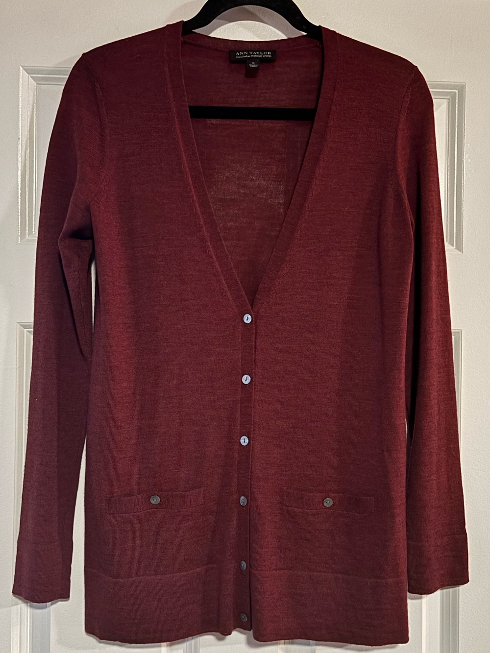 Ann Taylor Merino Wool Deep Wine Button-Front Cardigan, size Small